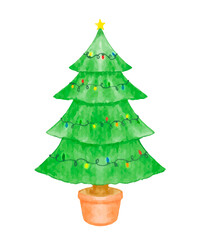 Hand drawn watercolor Christmas tree decorated