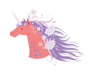 Obraz na płótnie Canvas Beautiful unicorn with flowers in mane, cartoon flat vector illustration isolated on white background.