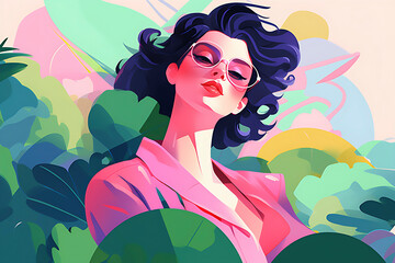 A cute and fashionable girl gazes into the camera. Vibrant shapes and colors rotate around her.