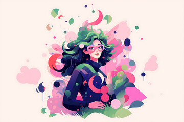 Obraz premium A cute and fashionable girl gazes into the camera. Vibrant shapes and colors rotate around her. Ai generated