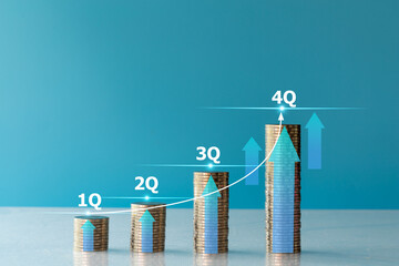 Businessman use show work present with  arrow up and coins statistics sales economics company in...