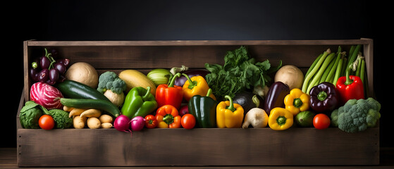 a wooden crate filled with assorted fruits and vegetables Generated with AI