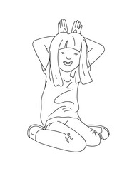 A cheerful, smiling young woman, the girl sits on her knees and holds her hands above her head like the ears of a hare. Vector illustration in a doodle style, isolated on a white background.