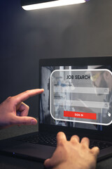 Man working on laptop and Information for the searching job, employment concept.