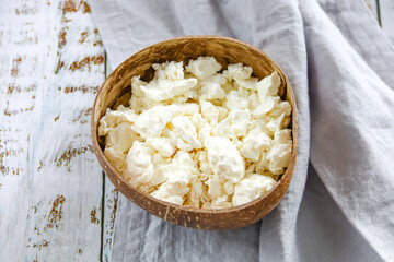 cottage cheese in coconut plate 