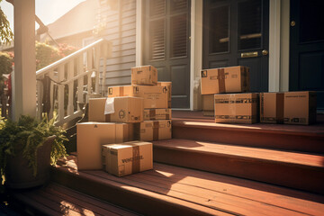 a pile of cardboard boxes, sealed and labeled, on a porch, symbolizing doorstep delivery, evening sunlight casting long shadows, warm colors