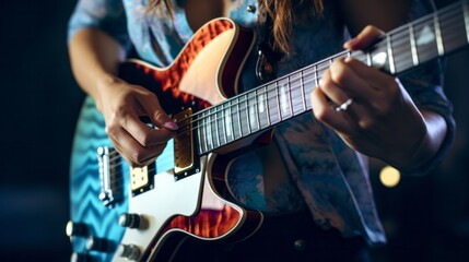 Obraz premium close up of woman hands playing electro guitar.