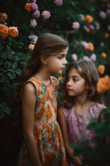 Fototapeta premium Two girls in flowery dresses spending their time in a blooming garden