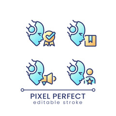 Artificial intelligence in business pixel perfect color gradient icons set. AI software. Company development. Isolated RGB vector images. Filled line illustration pack. Editable stroke