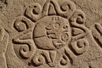 Glyphes gravés dans la pierre. (Ecriture Maya). Mexique.