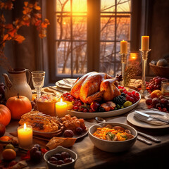 Thanksgiving dinner with roasted turkeys on a rustic table with various thanksgiving day foods decorated with pumpkins, flowers and candles, at window background. Generative ai