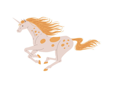 Fantastic unicorn running, cartoon flat vector illustration isolated on white background.