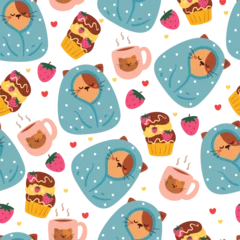 Fotobehang Naadloze herfst seamless pattern cartoon cat wrapped in blue blanket with cupcake and hot chocolate. cute animal wallpaper for kids, gift wrap paper  © SSOMESSOMI