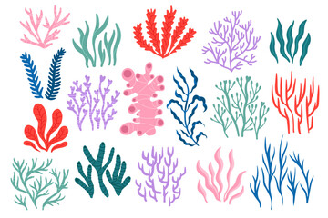Sea corals. Tropical underwater flora and fauna, colorful coral reef collection of various shapes, exotic marine botany backdrop for sticker design. Vector set