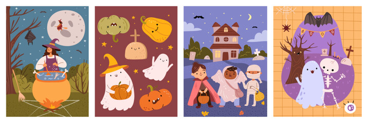 Happy Halloween party posters set with holiday creepy characters. Vector illustration of night clouds and pumpkins, full moon, witch cauldron, ghost and flying bat. Halloween background