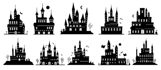Fototapeta premium Set of Halloween silhouette houses with bat, moon and ghost, cemetery crosses, graveyard and trees. Day of dead vector illustration. Creepy buildings on cemetery