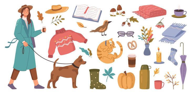 Warm autumn clothes and accessories. Cartoon flat vector illustration set. Woman walking with dog, sweater and hat, cat and yellow pumpkin. Open book, cup of coffee and umbrella icon