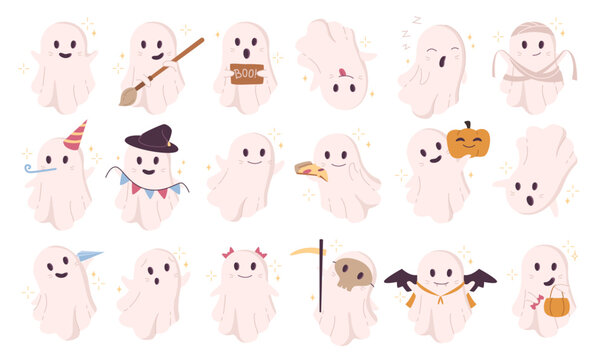 Ghost cute Halloween monster, mystery boo cartoon character. Vector set of fantasy personages, mysterious creative spooky ghosts with pumpkin, trick or treat holiday