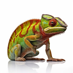 Obraz premium Beautiful big wild chameleon looking forward is shown in full length, Ai generated