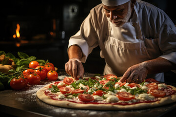 Obraz na płótnie Canvas Taste of Italy. A pizzaiolo Chef from Naples Showcasing a Delicious Piping Hot Pizza. Copy Space. Neapolitan Gastronomy AI Generative 