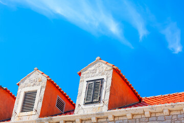 Attics of old traditional house . Roofs of the old town of Dubrovnik, Croatia