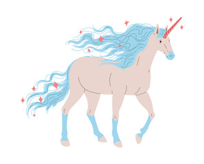 Hand drawn vector illustration of white horse unicorn with shining blue horn, tail and mane, fantastic horses