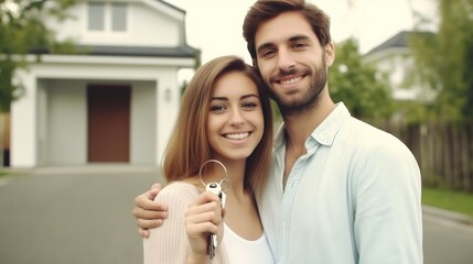 A young happy couple near the house with keys. The fulfillment of a dream. Generative AI