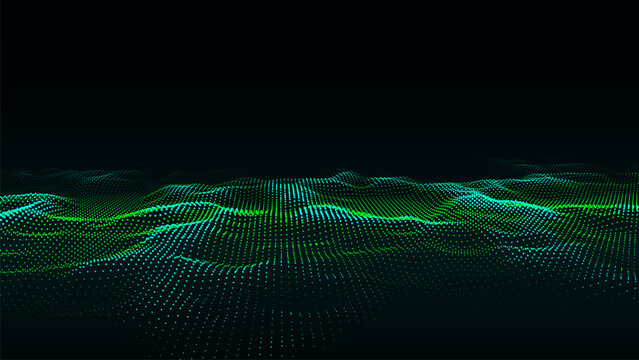 Abstract vector technology wave of particles. Big data visualization. Background with motion dots and lines. Artificial intelligence.