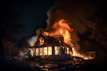 Wooden house or barn burning on fire at night Generative AI