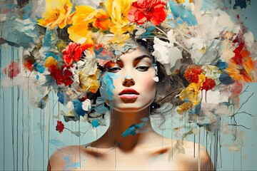 Art Collage. Abstract Beauty of Female Portrait with Flowers in Fashionable Style: Generative AI
