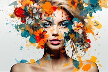 Abstract Art Collage of Young Woman with Flowers. Beautiful Portrait of Female in Fashion with Floral Elements. Generative AI
