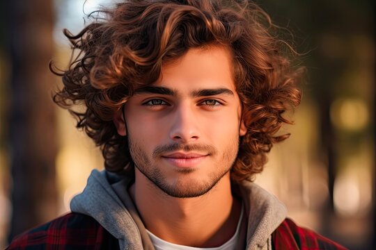 Sympathetic Young Man Portrait Outdoors: Lively Look and Curly Hair Gazing into the Camera. Generative AI
