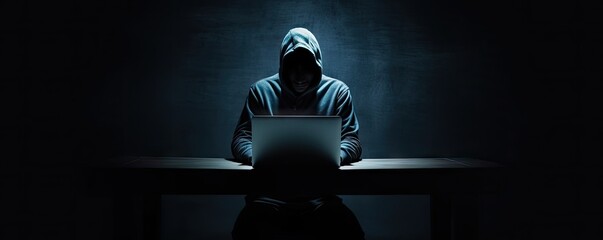 Man in hood analyzing data on desktop PC computer at desk. Internet security and hacking concepts. Digital spyware and network security