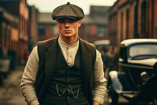 English Retro Gangster Style. Young Hipster Posing as Peaky Blinders Gang Member on City Street: Generative AI