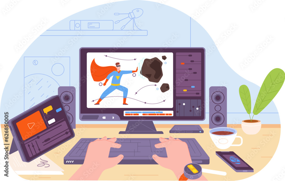 Poster creator video animations. computer screen of motion designer animator, game artist pc desk software 