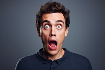 Dumbfounded Male Portrait: Surprised Brunette with Open Mouth and Wide Eyes on Grey Background for Demonstrating Advertisement or News: Generative AI