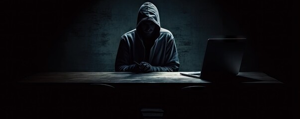 Man in hood analyzing data on desktop PC computer at desk. Internet security and hacking concepts. Digital spyware and network security