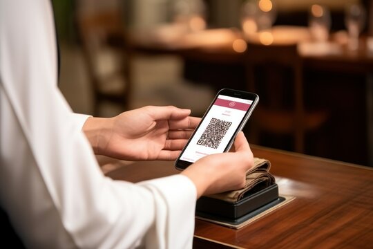 payment with qar code young man holding a phone with a qar code in a cafe 