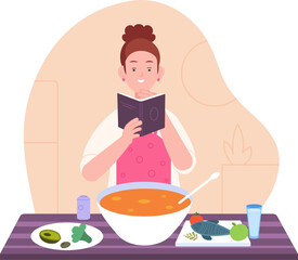 Woman recipe book. Girl reading cookbook with recipes and cooking dinner vegetable ingredients food on home kitchen table, lady women culinary hobby, splendid vector illustration