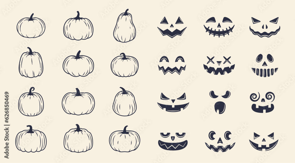 Wall mural Halloween pumpkins templates. 12 blank pumpkins and 12 spooky faces for create your own design. Jack o Lantern set. Vector illustration