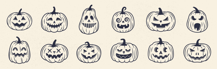 Halloween pumpkin icons set. Vintage funny pumpkins isolated on white background. Monsters faces. Vector illustration