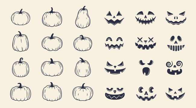 Halloween Pumpkins Templates. 12 Blank Pumpkins And 12 Spooky Faces For Create Your Own Design. Jack O Lantern Set. Vector Illustration