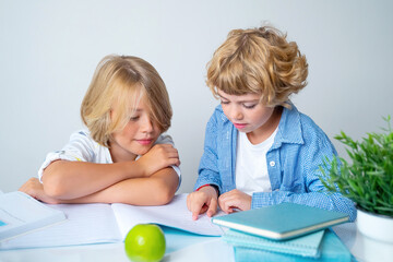 Obraz na płótnie Canvas Primary elementary middle school boy girl siblings studying at desk table, writing in book and tablet at class home acquiring information knowledge Copy space for advertising blank . Back to school.