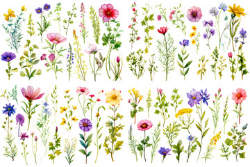 Illustration clip-art  watercolor style wild flower vines and flowers of various shapes.