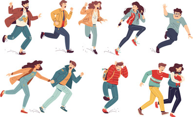 Frightened people run. Scared person runaway from danger terrorism, afraid couple or shock crowd panic running, screaming man escape