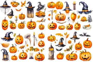 Watercolor clip-art style illustration of elements of halloween festival