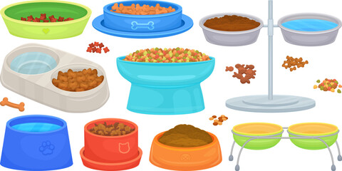 Pet meal bowl. Food containers pets treats, dog plate and cat dish with dry fodder or water, empty full bowls feed meal for animal