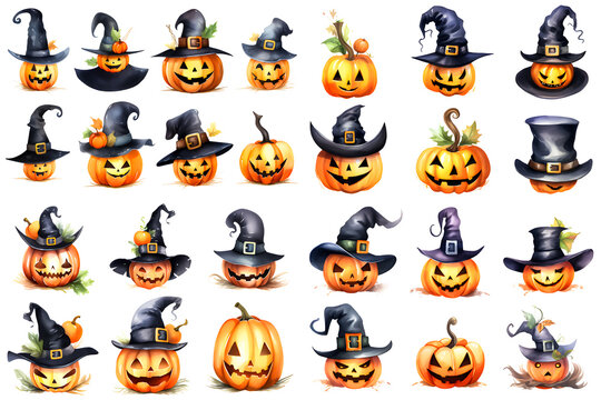 Illustration watercolor style watercolor halloween set of isolated hats, bats and pumpkins on the white background.,Generative Ai