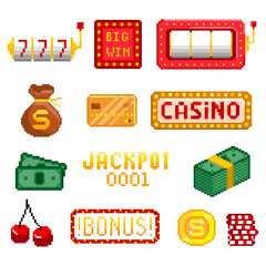 Naklejka premium Casino 8-bit icons set. Pixel art. Old school computer graphic style. Games elements.
