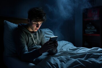 young man teenager in bed in the dark at night with a mobile phone